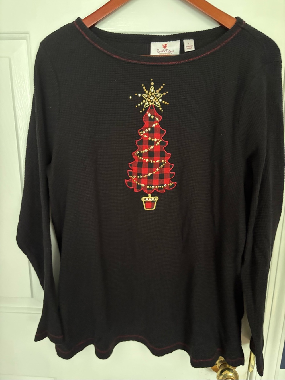 Quacker Factory Black Long-Sleeve Top with Red Plaid Christmas Tree